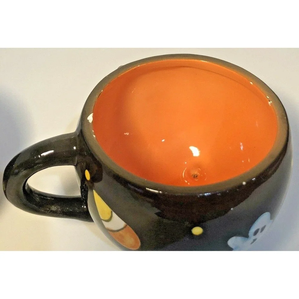 Halloween Black Cat Ghost Ceramic Mug Footed Cauldron Coffee Cup Orange Black